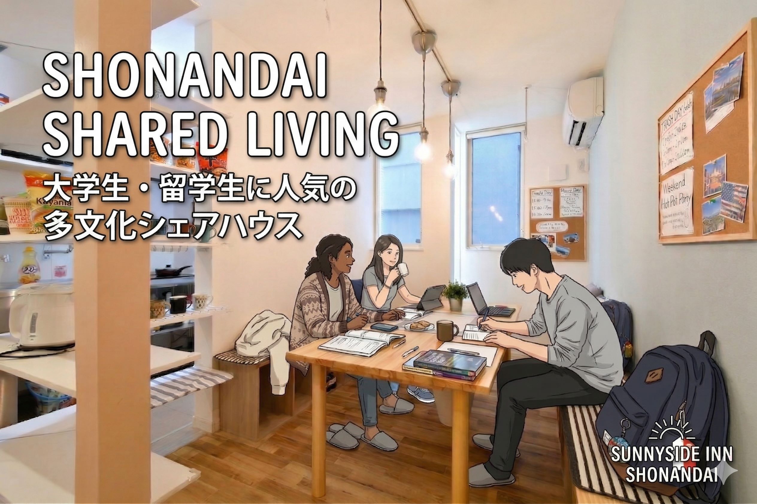 藤沢市湘南台のシェアハウス「SUNNYSIDE INN」のリビングで、多摩大生や慶應SFC生、留学生が交流している様子